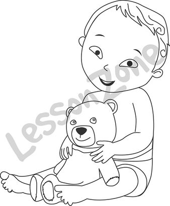 Baby boy holding teddy bear B&W