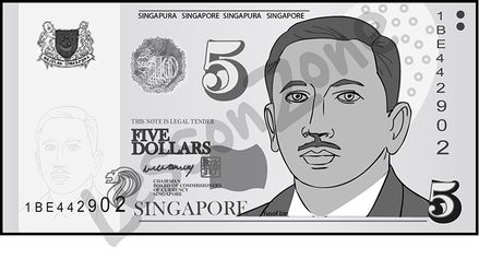 Singapore, $5 note B&W