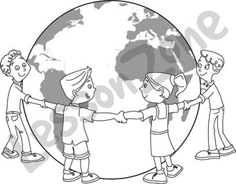 kids holding hands around the world black and white
