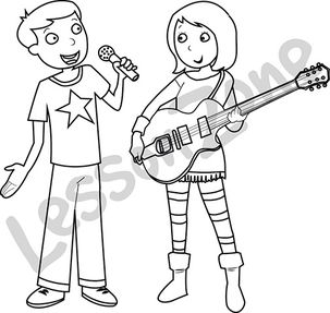 Boy singing and girl playing guitar B&W